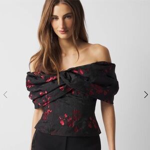 WHBM Black Red Floral Jacquard Off Shoulder Corset Bustier Top 14 Evening Fancy